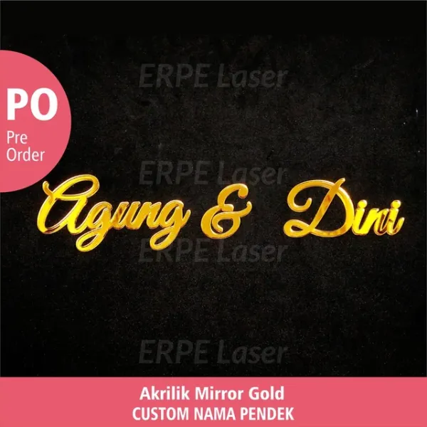 Nama pengantin akrilik mirror gold untuk dekorasi mahar
